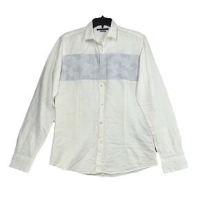 David Naman Mens white Long-Sleeve Band Collar Button-Up embroided Made in Italy